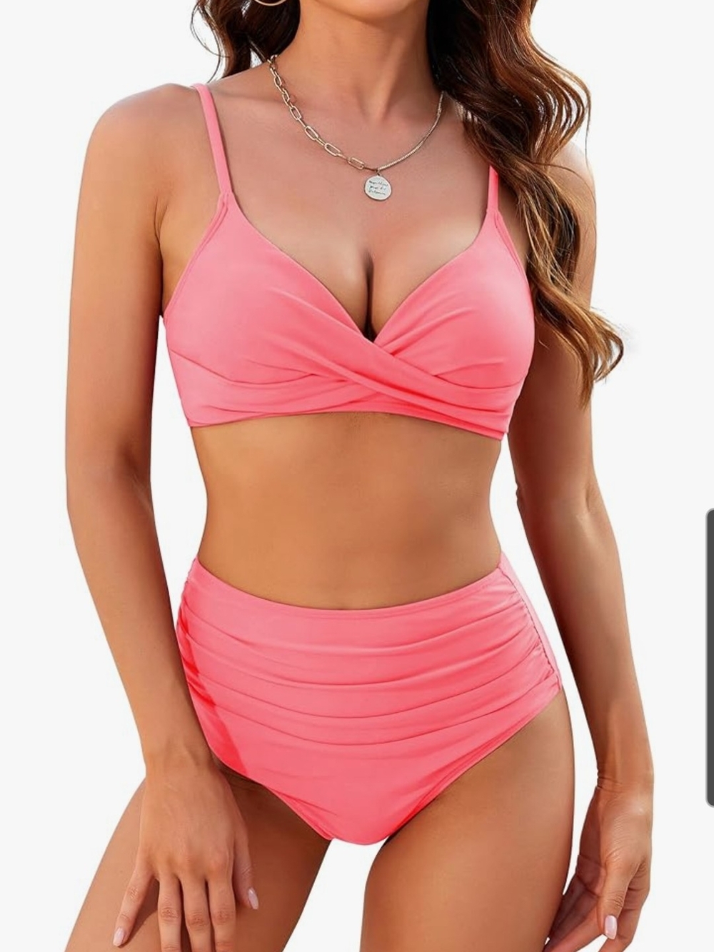 Zaful Coral Pink Twist Front High Waist Bikini Size Large